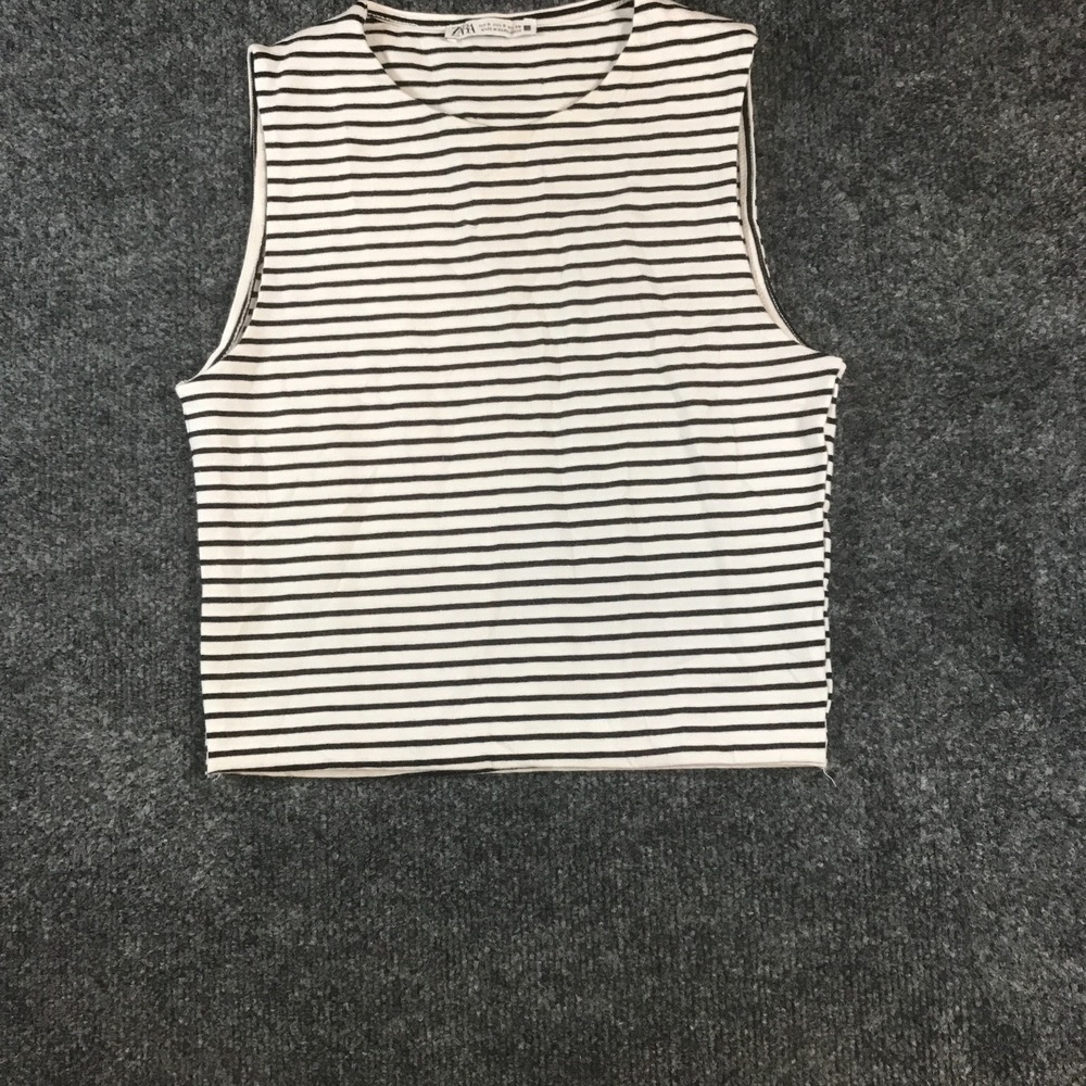 Zara Cropped Top Womens Small White Black Striped Crew Neck Sleeveless Pullover
